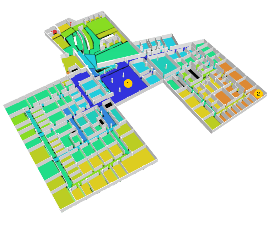 Main depth of space convex map Figure 5 – The Mean Depth of Space convex map overlaid with a 3D workplace view. Red indicates a utility closet, the only abnormally deep space; dark blue shows shallow spaces. Area #1 is the most shallow; area #2 indicates some of the deepest space.